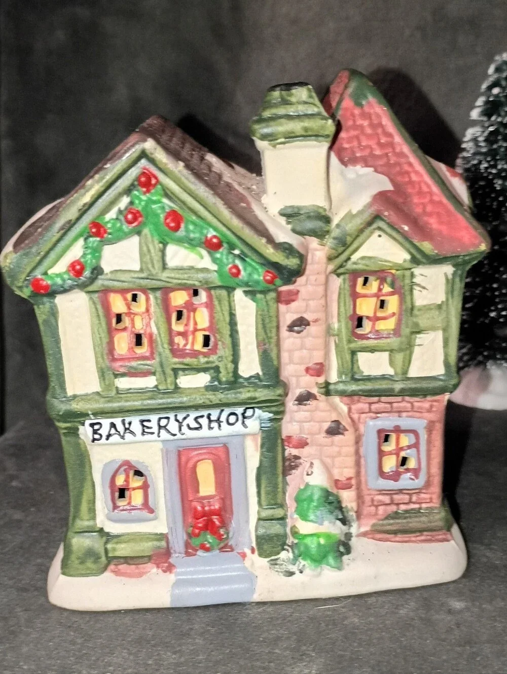 Ceramic Christmas Village 3 Buildings, 3 Figures, 7 Trees And 2 Benches EUC